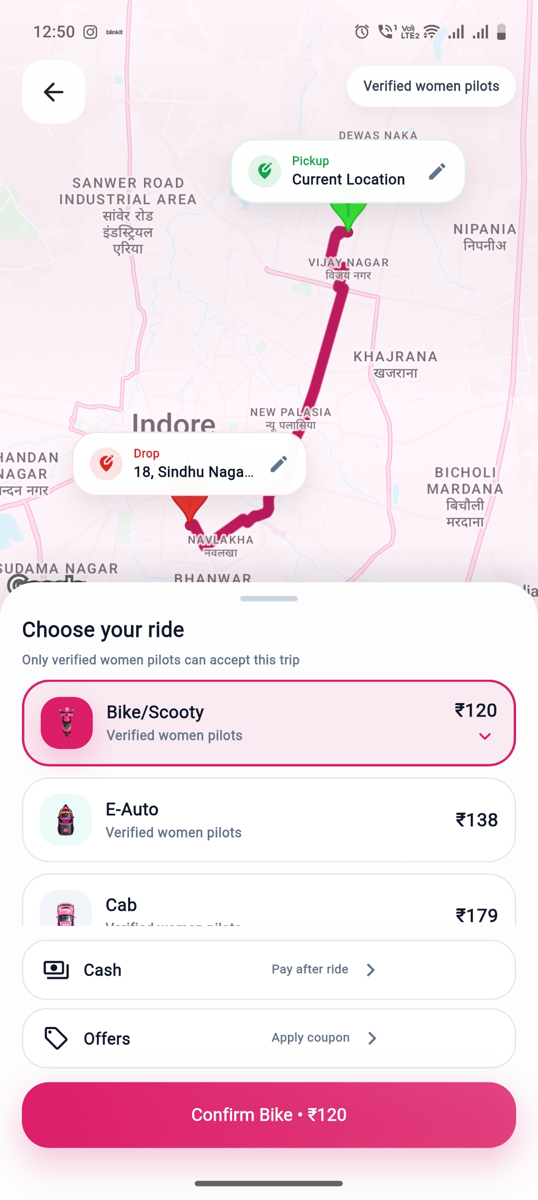 FeminGo choose your ride app screen